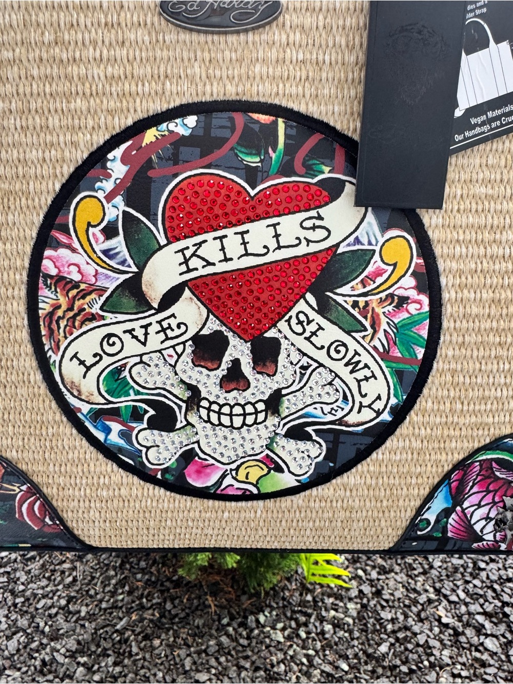 Ed Hardy NWT Love Kills Slowly Straw Tote Bag Tiger Koi Skull Crossbody - Picture 8 of 15